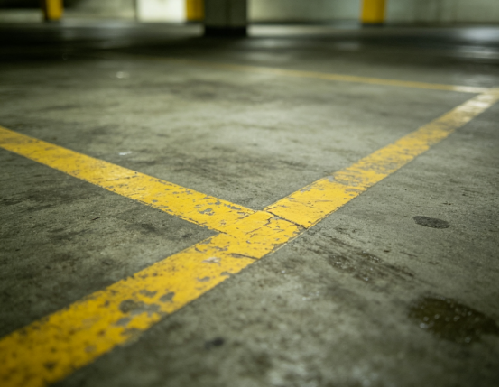 Aged and damaged parking lot markings